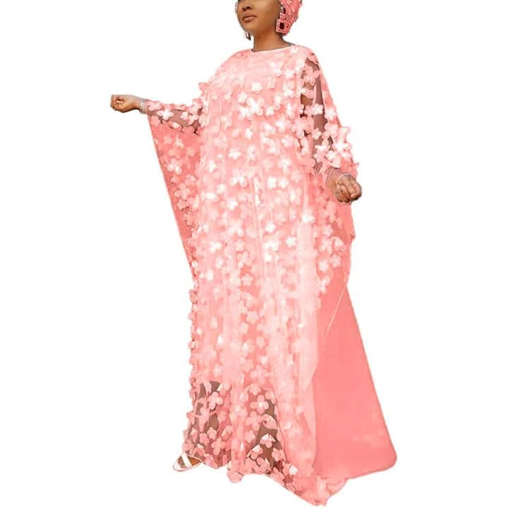 HD African Women Applique Flower Dress Boat Neck Pink (Coral) Caftan Chiffon Gown One Size - Image 2